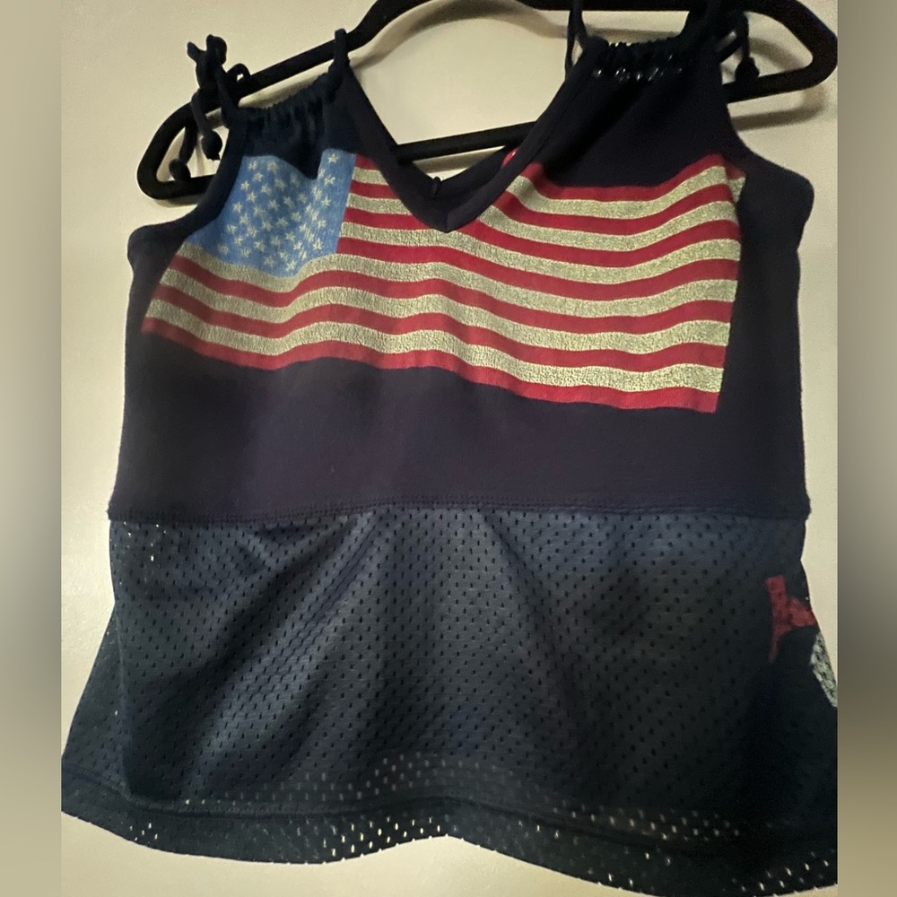 Guess Navy Tank with Red and Gold Flag Stripes